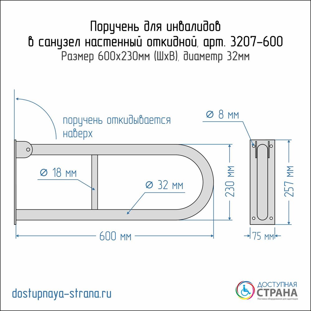 Поручень для туалета настенный откидной без бумагодержателя 600х230 купить  на сайте Доступная Страна