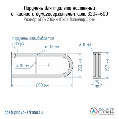 Поручень для туалета настенный откидной с бумагодержателем