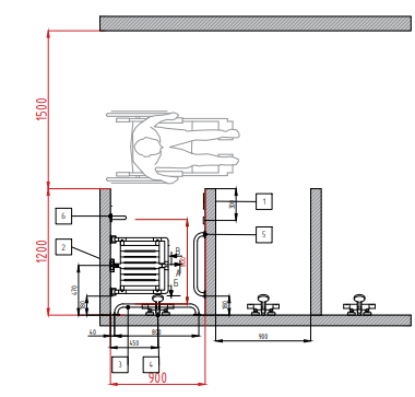 Открытая душевая для инвалидов с вертикальным поручнем 0,9 х 1,2 м, комплект оборудования с DWG проектом 8925 - фото 38389