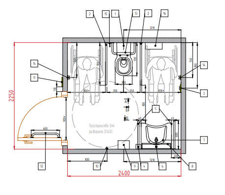 Универсальная кабина для инвалидов, центральное расположение унитаза с возможностью пересадки с двух сторон 2,4 х 2,25 м, комплект оборудования с подвесным унитазом и проектом DWG 8928 - фото 38398