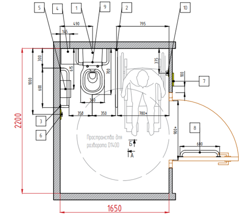 Доступная кабина уборной для инвалидов в блоке мужских и женских уборных без раковины 1,65 х 2,2 м, комплект оборудования с подвесным унитазом и DWG проектом 8930 - фото 38400