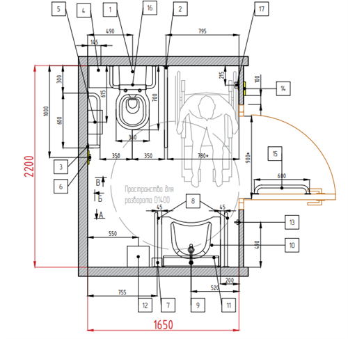 Доступная кабина уборной для инвалидов в блоке мужских и женских уборных с раковиной 1,65 х 2,2 м, комплект оборудования с подвесным унитазом и  DWG проектом 8931 - фото 38404