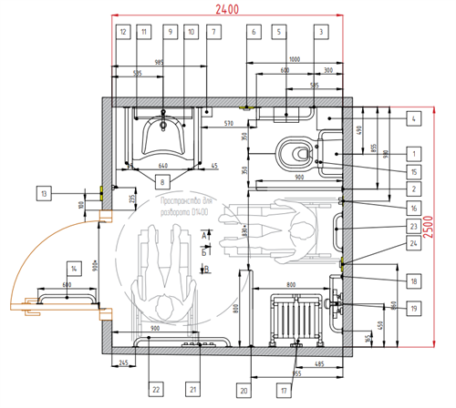 Санузел с душем для инвалидов, угловое расположение унитаза 2,5 х 2,4 м, комплект оборудования с подвесным унитазом и DWG проектом 8932 - фото 38406
