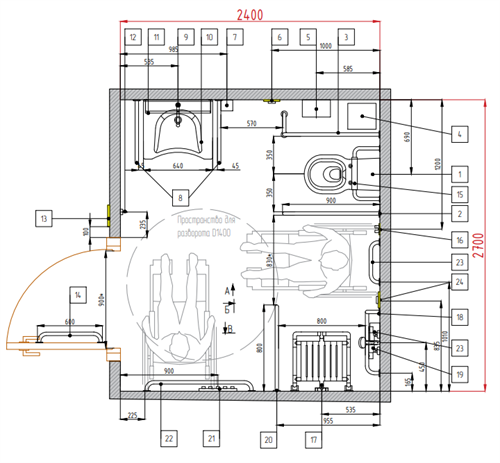 Санузел с душем для инвалидов, центральное расположение унитаза 2,7 х 2,4 м, комплект оборудования с подвесным унитазом и DWG проектом 8933 - фото 38408