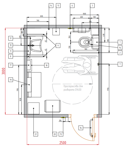 Универсальная кабина для инвалидов совмещенная с комнатой матери и ребенка 3х2,5 м, комплект оборудования с подвесным унитазом и DWG проектом 8934 - фото 38410