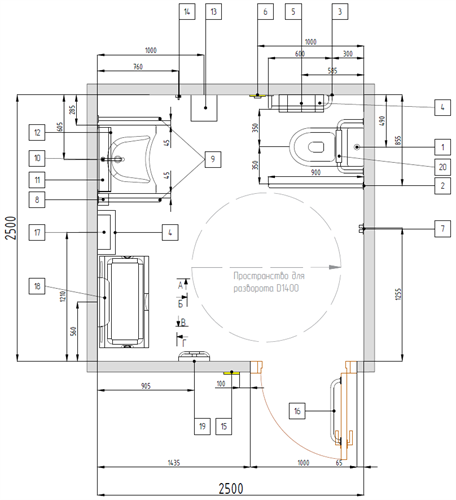 Универсальная кабина для инвалидов совмещенная с комнатой матери и ребенка 2,5х2,5 м, комплект оборудования с DWG проектом 8936 - фото 38415