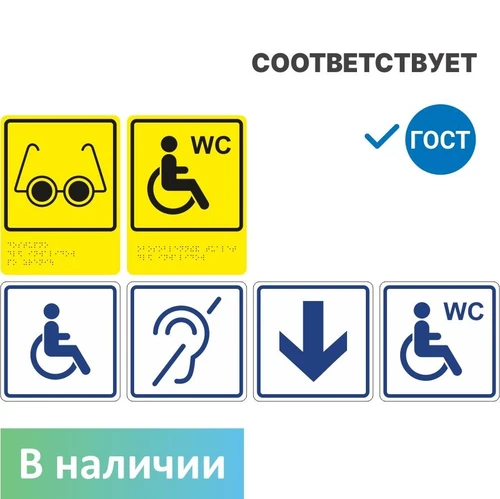 Готовый набор тактильных пиктограмм для адаптации учреждения ГОСТ Р 52131-2019, входная группа и санузел 4767 - фото 44461