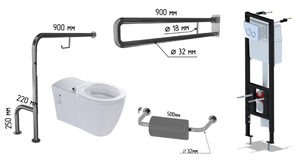 Унитаз для инвалидов подвесной соответствующий нормам DSTRANA с инсталляцией, поручнями и опорой под спину по ГОСТ 8401