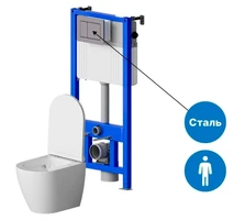 Унитаз подвесной SANTEYA UNITY с инсталляцией SANTEYA FRAME и кнопкой смыва из нержавеющей стали SANTEYA STEEL 9962